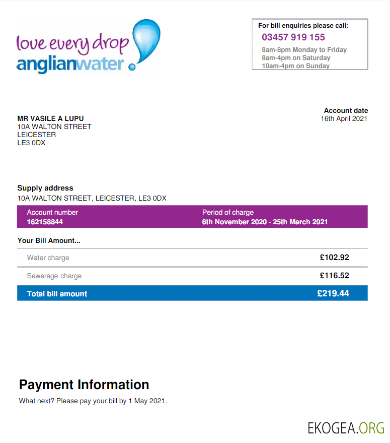 USA ANGLIAN WATER utility bill Word and PDF template